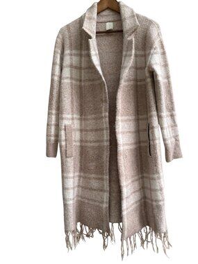 Joie Beige Plaid Fringe Duster Cardigan Sweater Coat Jacket Size Small